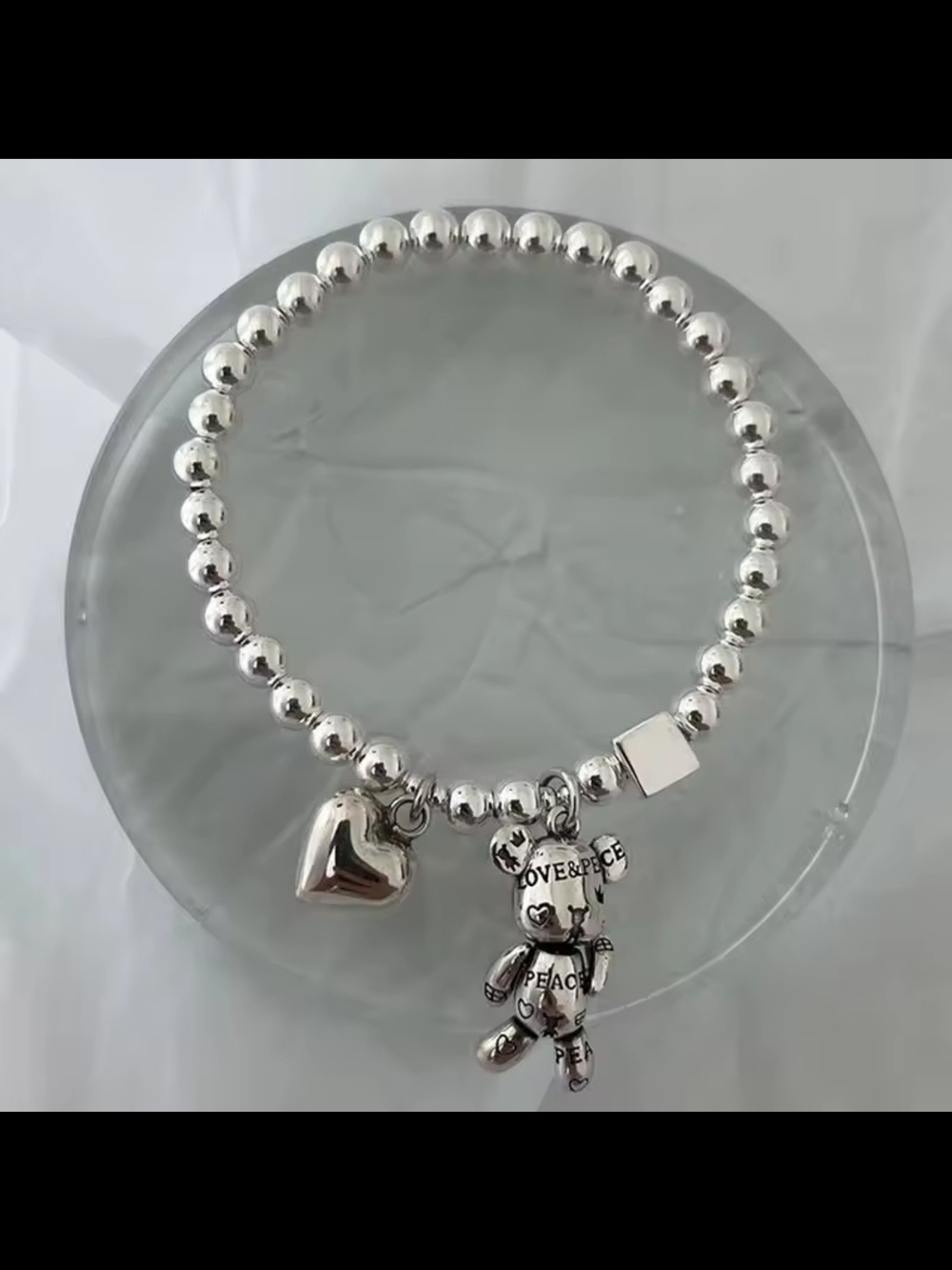 Silver Bead Bracelet with Heart & Teddy Charms - Picture 3 of 6